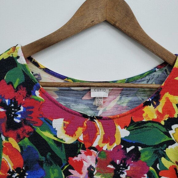 Cupio Multicolor Floral Print Short Sleeve Top XL Stretch Asymmetrical Hem - Picture 8 of 13